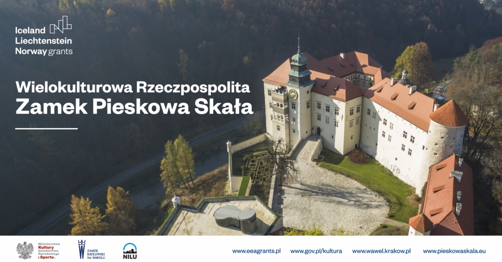Zamek Pieskowa Skała, widok z lotu ptaka. Na tle zdjęcia napis z nazwą Projektu i logotypami.